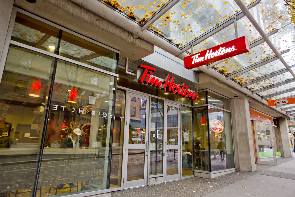 Tim Hortons exterior in autumn along Church-Yonge Corridor in Toronto.