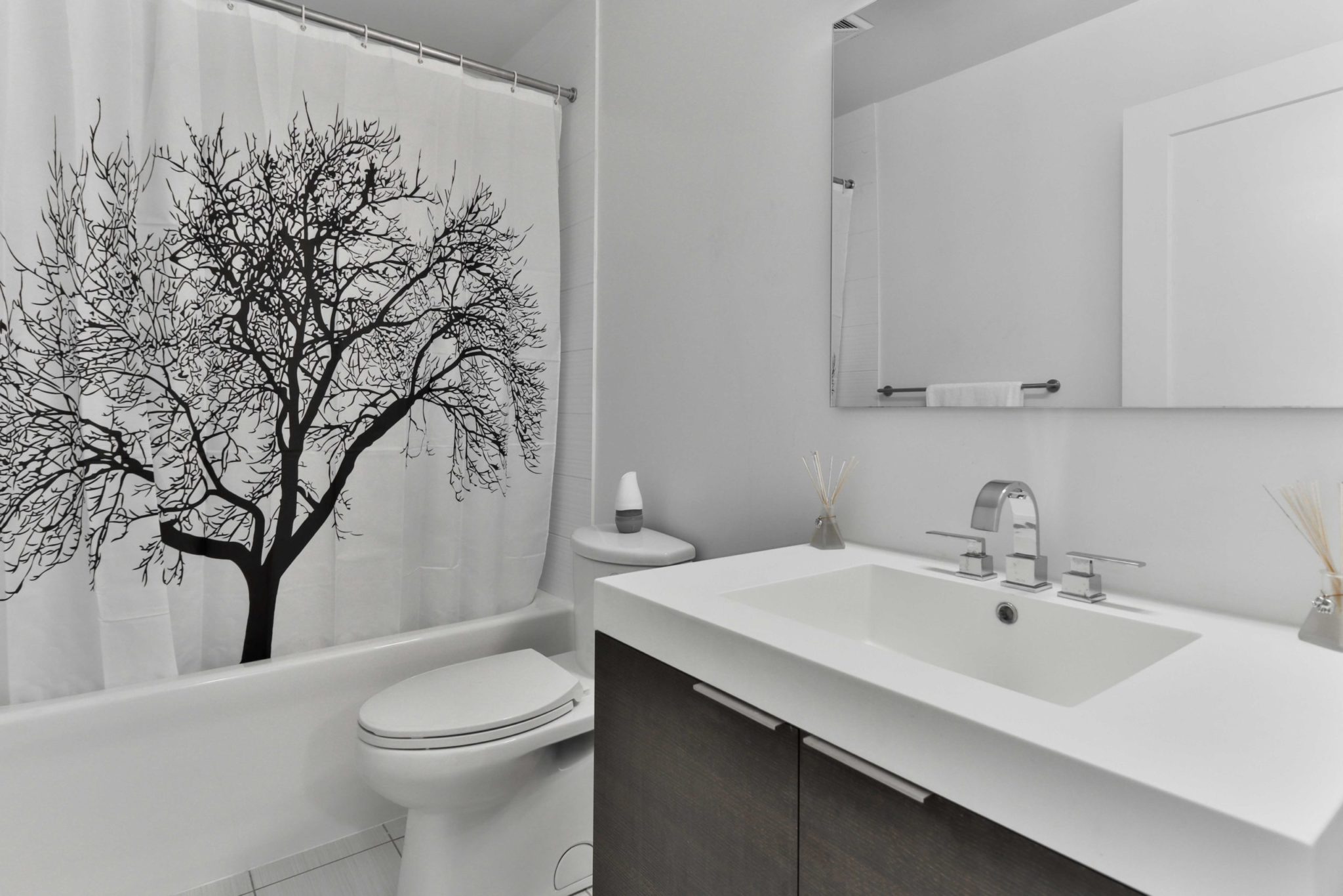 13 bathroom gray walls shower curtain with tree quartz counter large vanity scaled 8