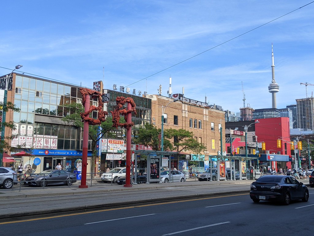 Chinatown Toronto with CN Tower in background.