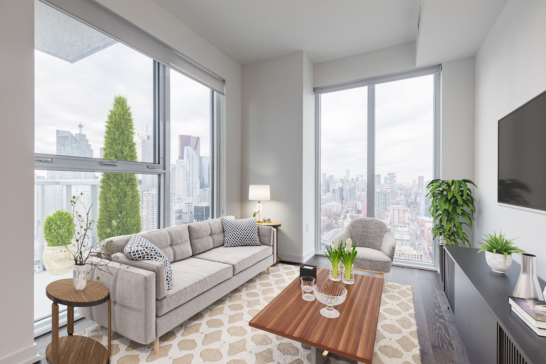 View of 20 Richardson St Unit 3108 living room, dining room and kitchen.