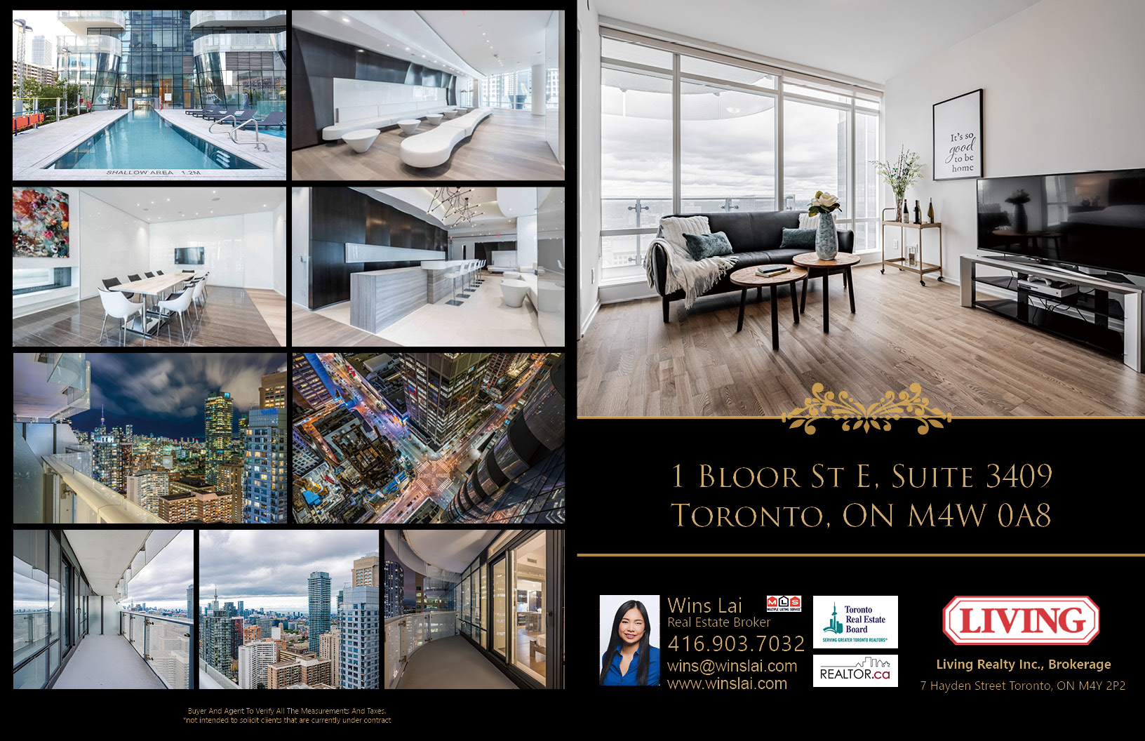 1 Bloor St E Unit 3409 brochure showing swimming pool, party room, buildings and more.