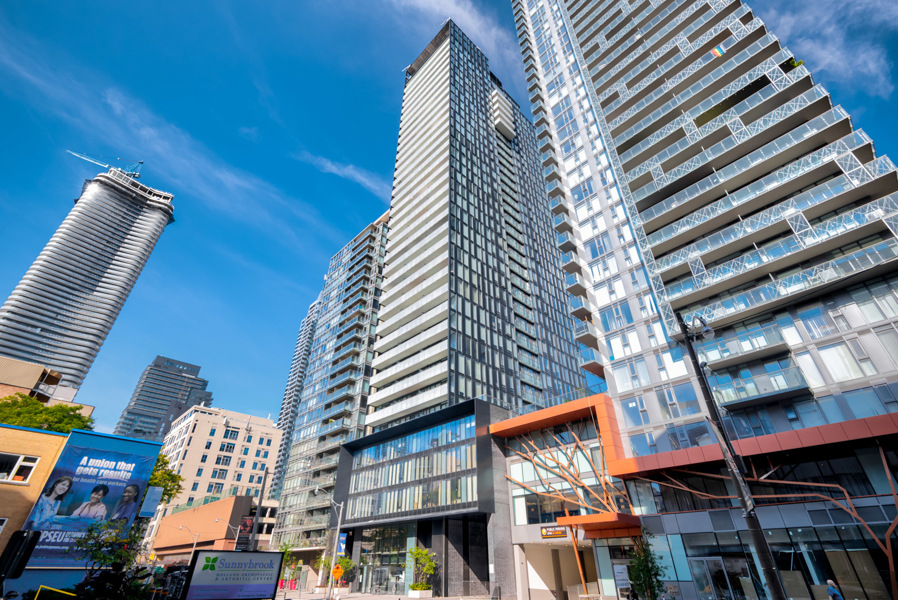 Facade of VOX Condos in high density Church Yonge Corridor.