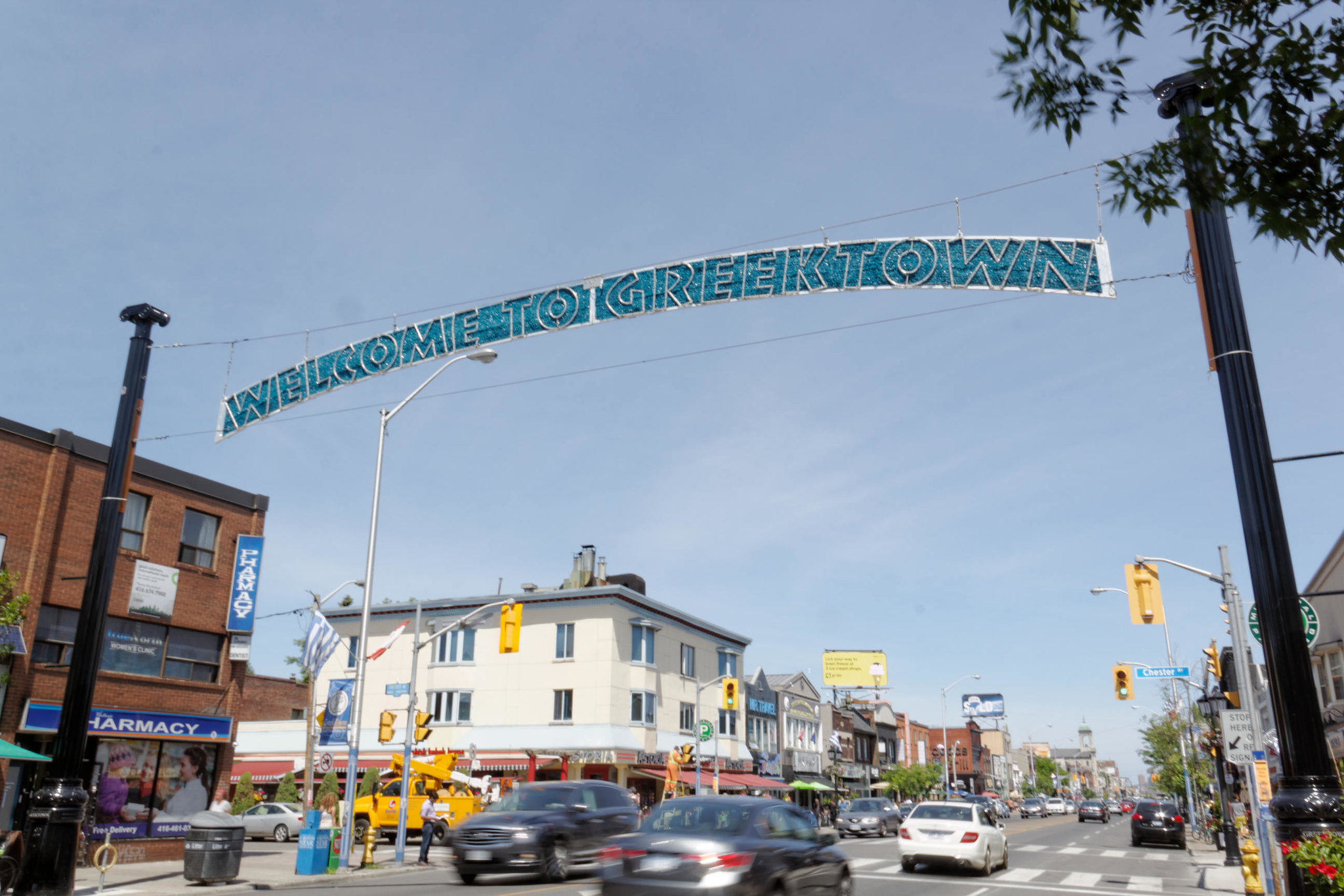 Welcome banner in Greektown Toronto, also called The Danforth.