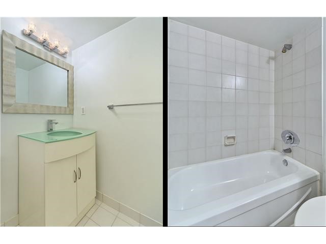 2 side by side images showing 2 large bathrooms with tub, shower, and vanity