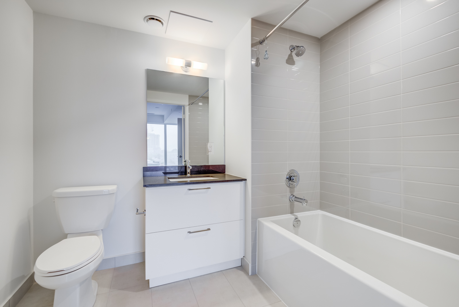 Master bath with tub, shower, vanity, and gray and white colours.