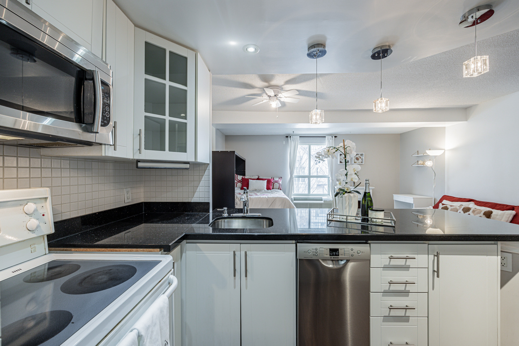 Condo kitchen with wall-mounted cabinets and ground-level cabinets.