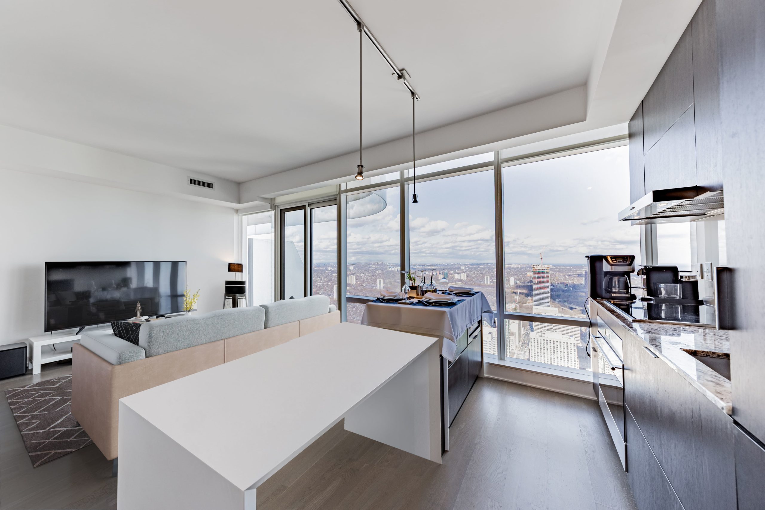 Kitchen island with pendent lights.