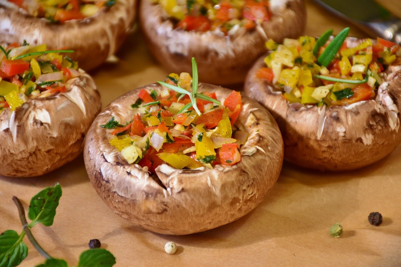 Mushrooms stuffed with vegetables. 