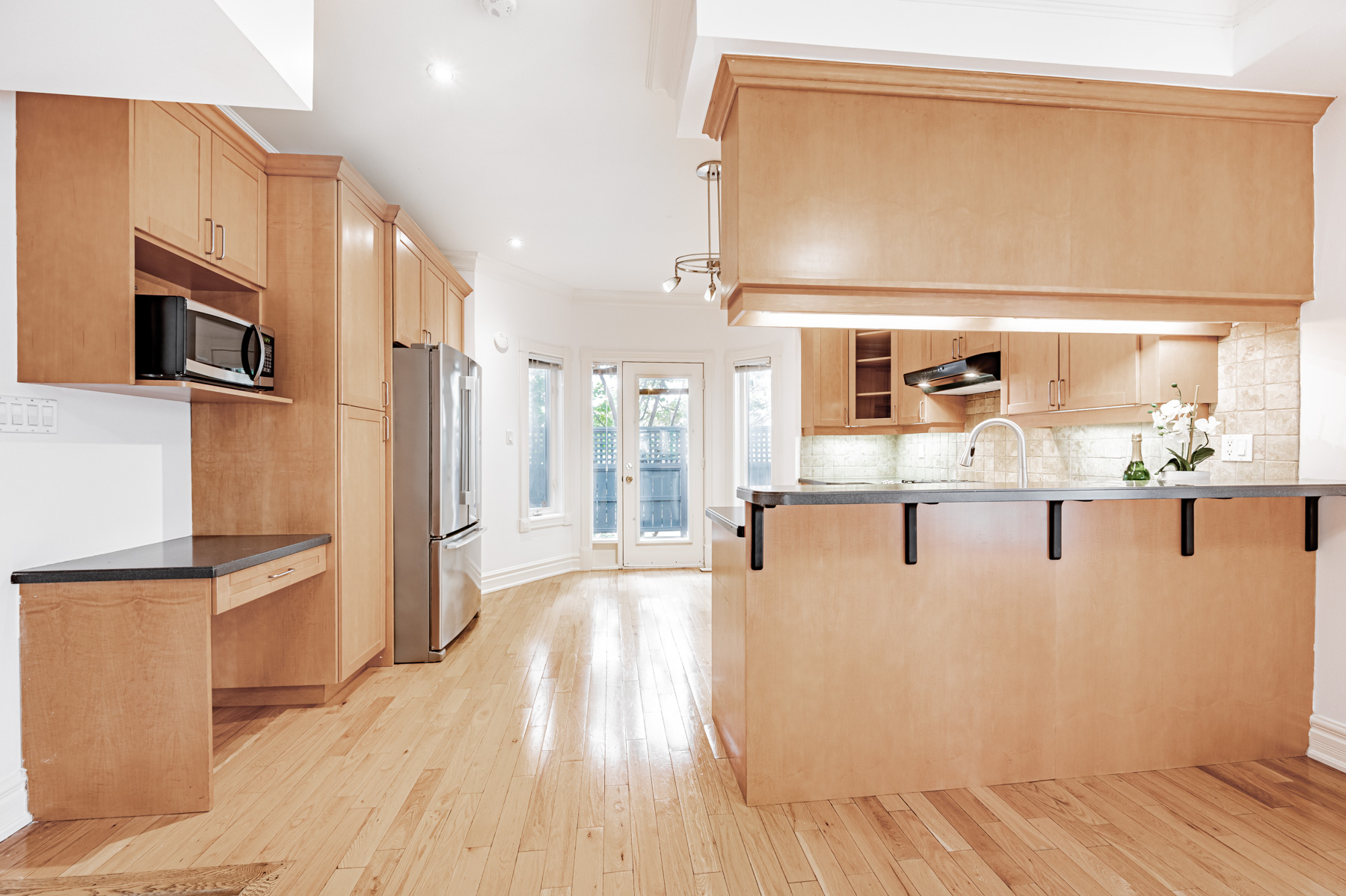 Kitchen with side table.