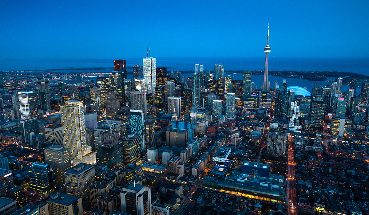 Toronto's Financial District at night.