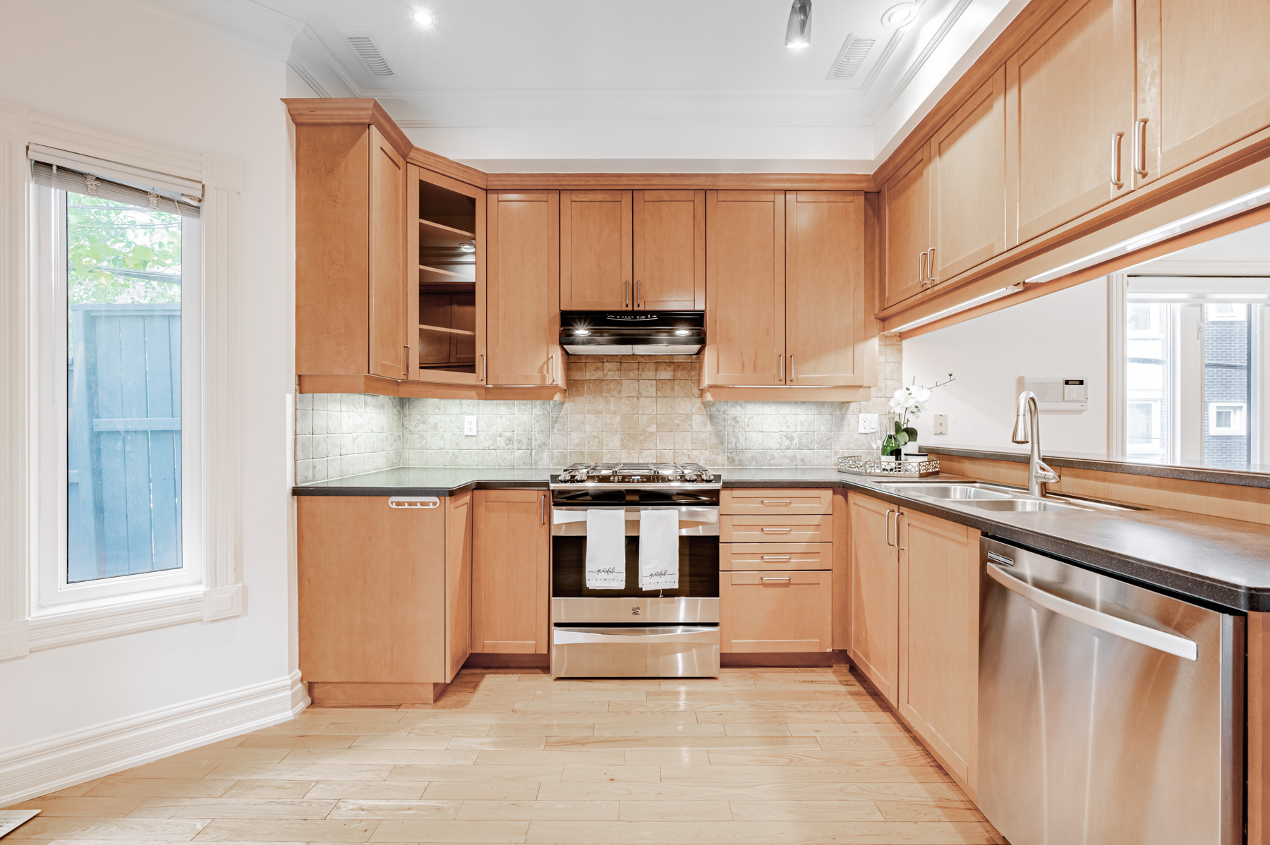 U-shaped kitchen with huge counters.