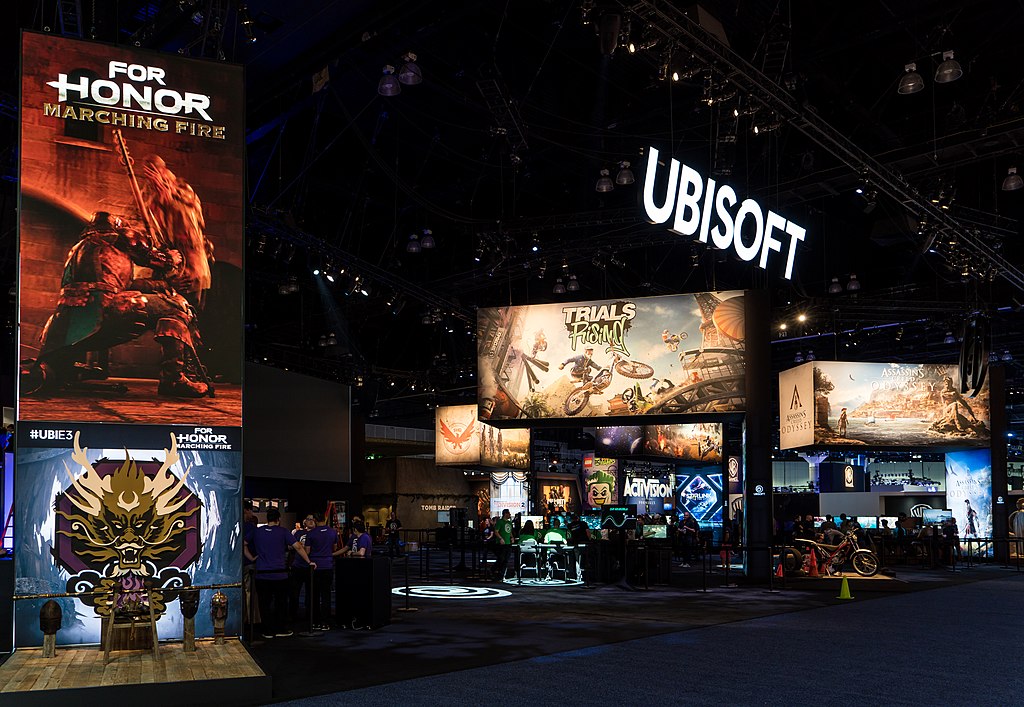  Ubisoft sign and posters at E3 gaming conference.
