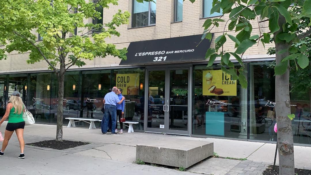 Exterior of L'Espresso Bar Mercurio on Bathurst and Bloor West in The Annex neighbourhood.