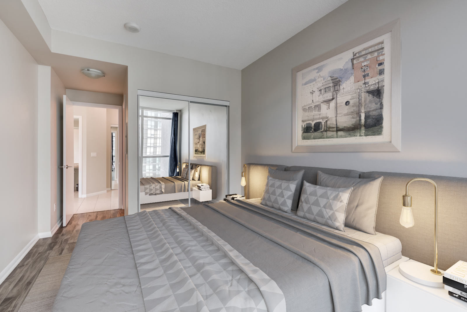 3D render of 215 Fort York Blvd master bedroom with large bed and headboard.