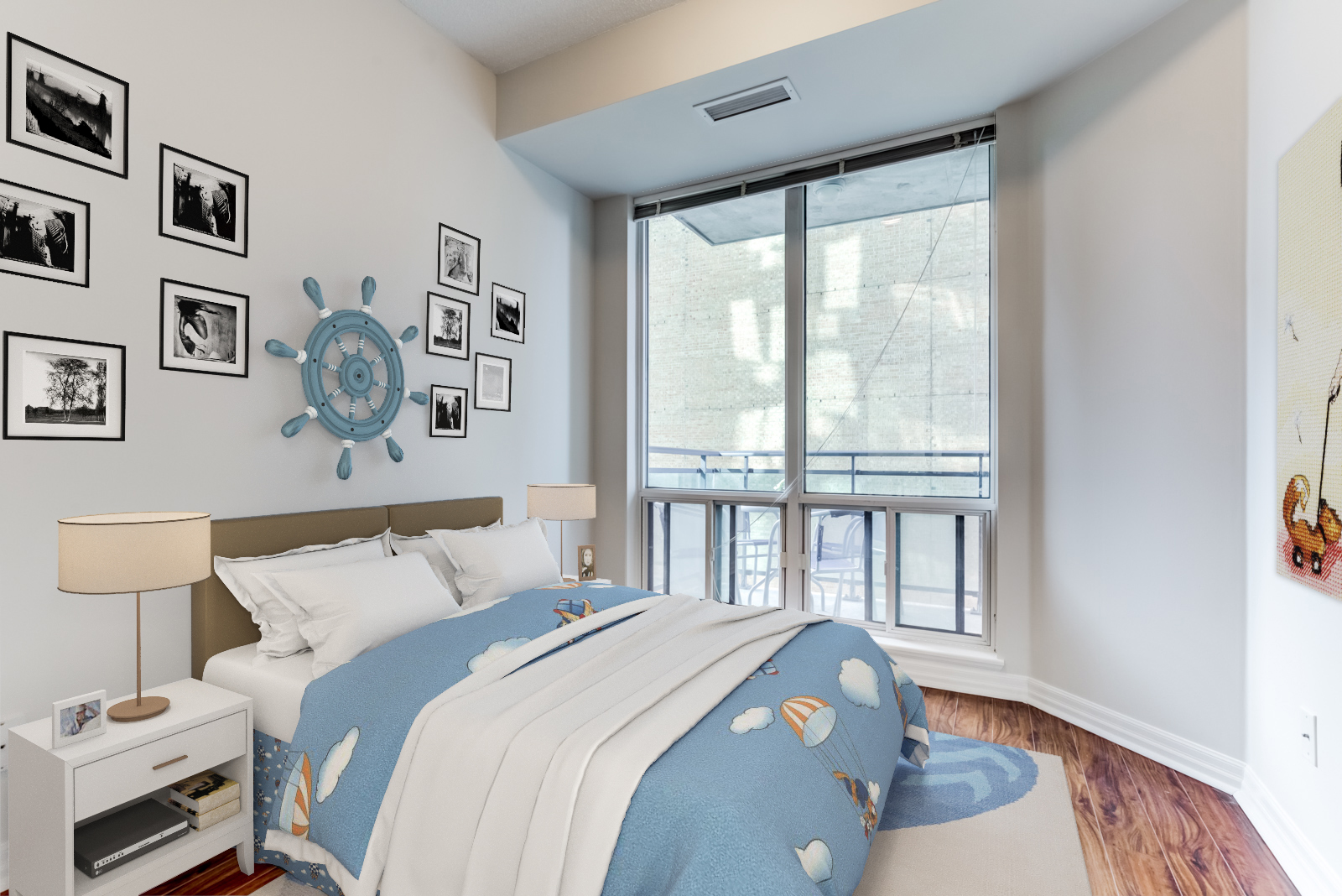 3D render of 300 Bloor St E Unit 1809 second bedroom with nautical theme featuring ship's wheel and blue bed-sheets.