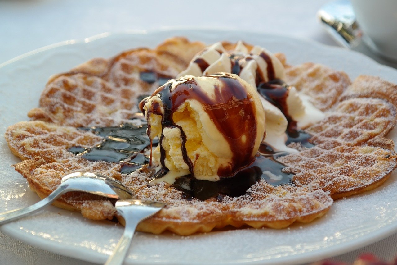 Plate of waffles with ice cream at dessert shop in Dovercourt Wallace Emerson Junction.