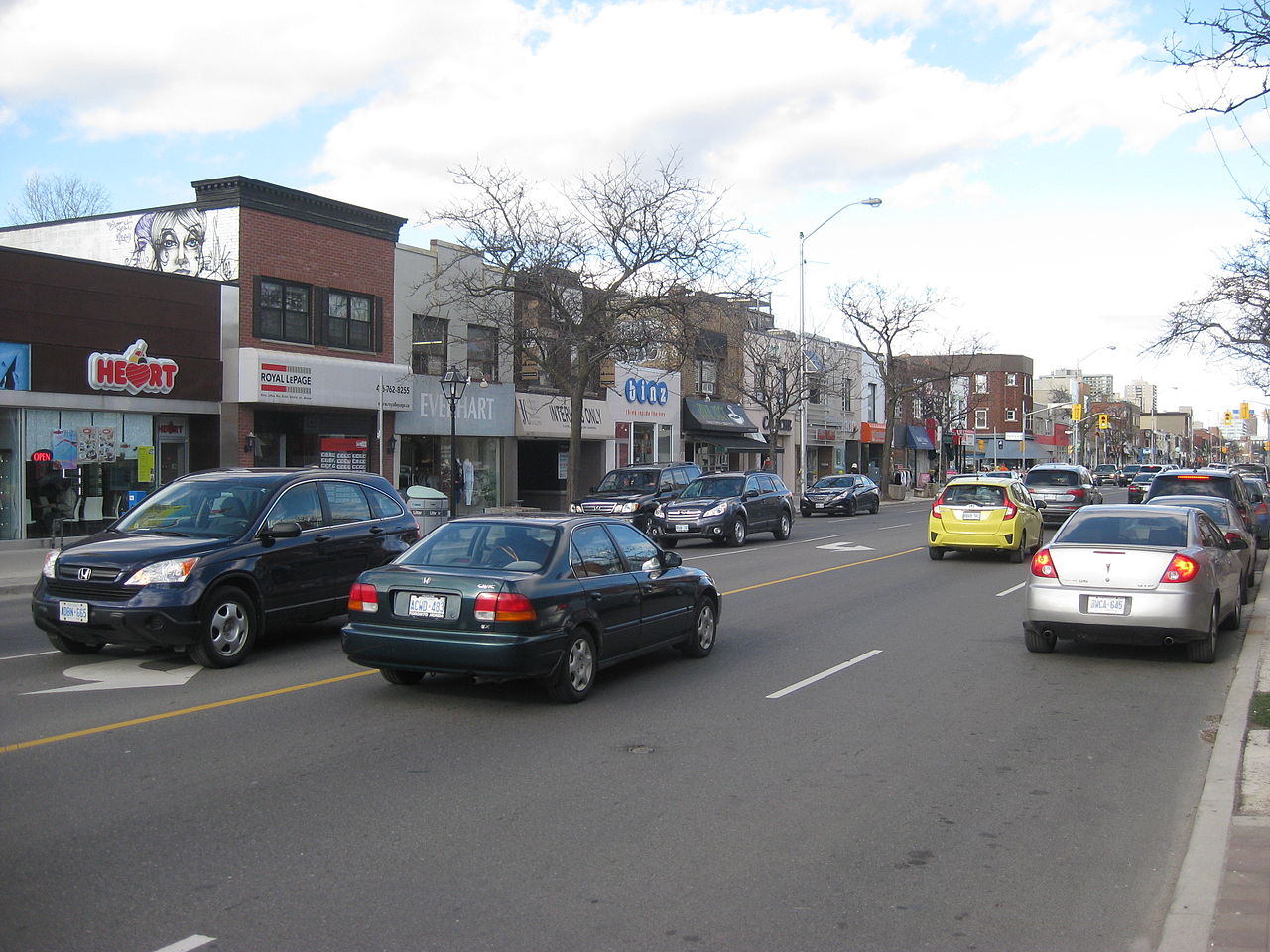 Bloor West Village shops, cars and streets.