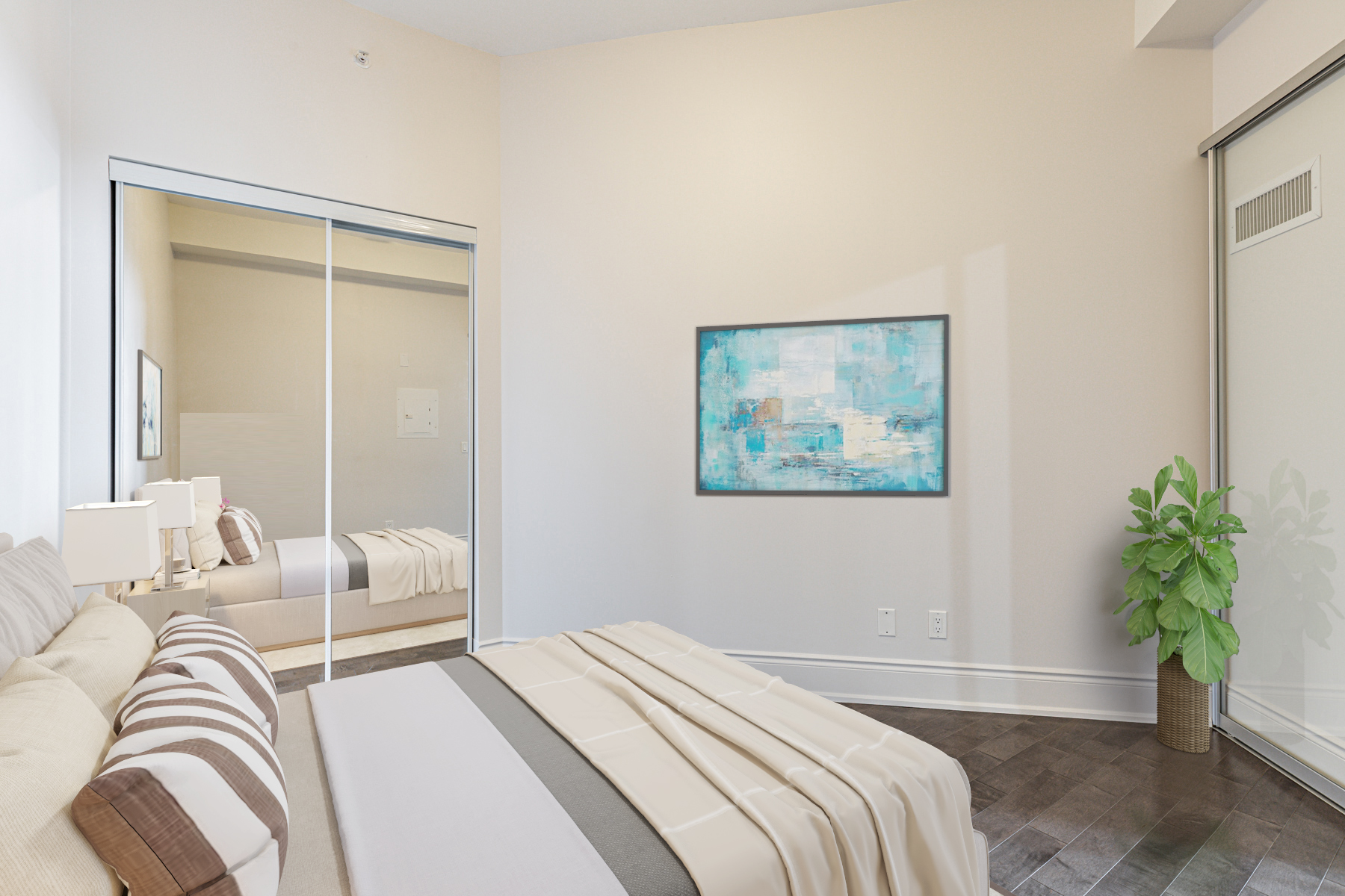 Condo closet with sliding mirror doors reflecting bed.