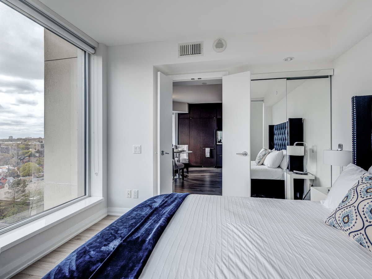 Large closet with mirror doors reflecting room.