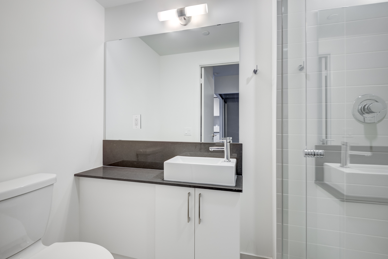 Second bathroom with standing glass shower enclosure, large vanity and mirror.