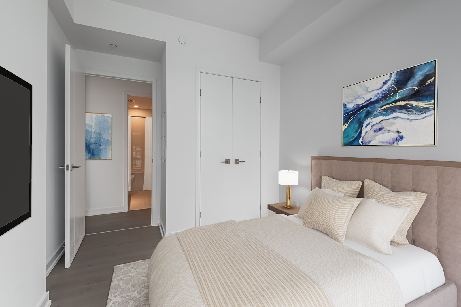3D-rendered bed and paintings in second bedroom of 488 University Ave Unit 3410.