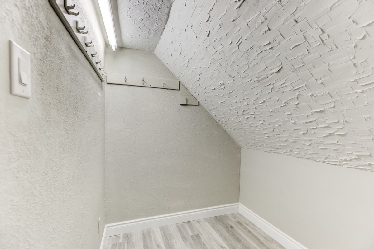 Large walk-in closet with wall hooks and tube light.