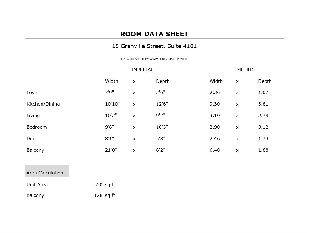 Room measurements for 15 Grenville Street Unit 4101