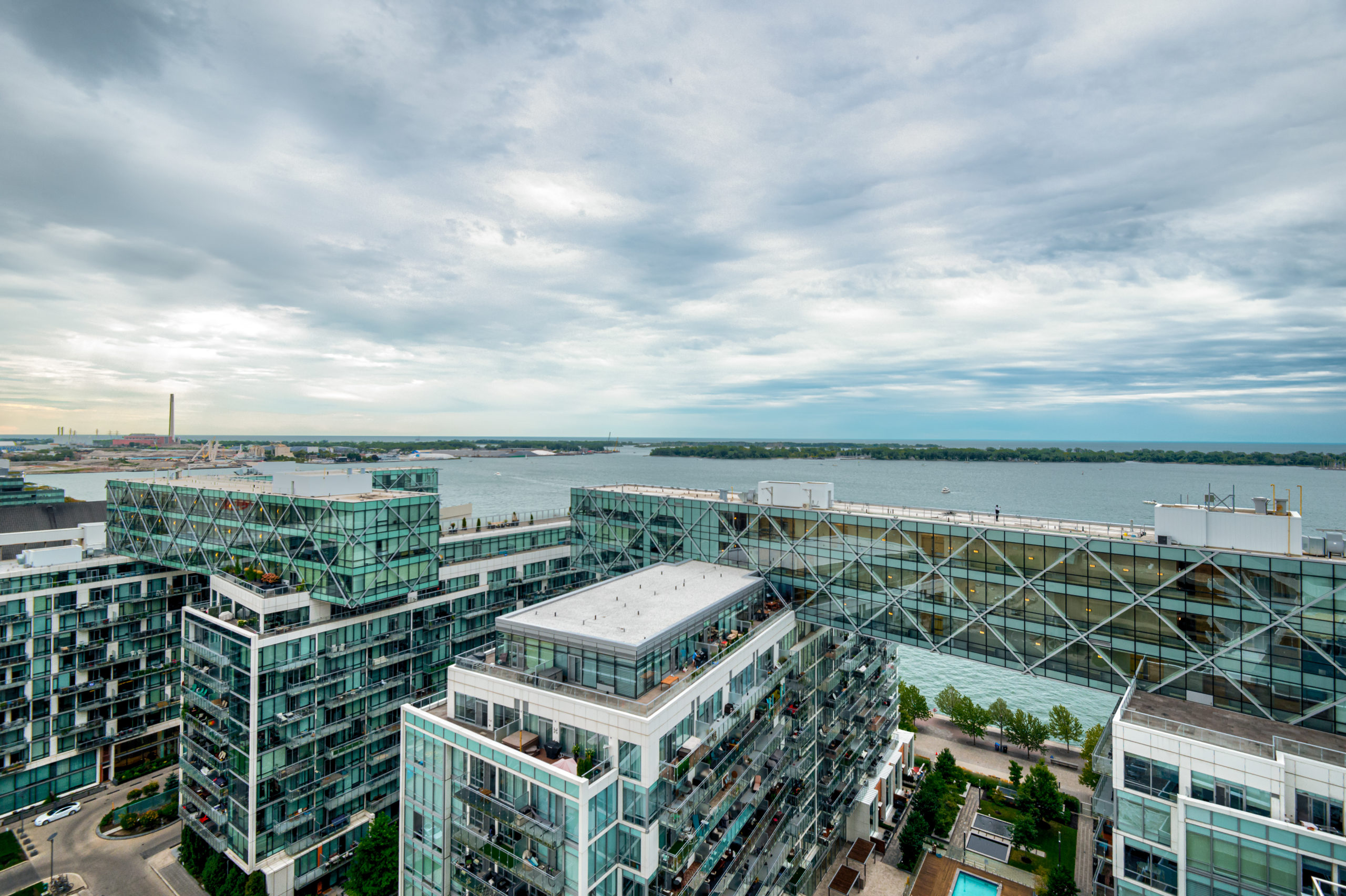 View of Toronto Waterfront and Lake Ontario from 15 Queens Quay E Unit 1901 balcony.