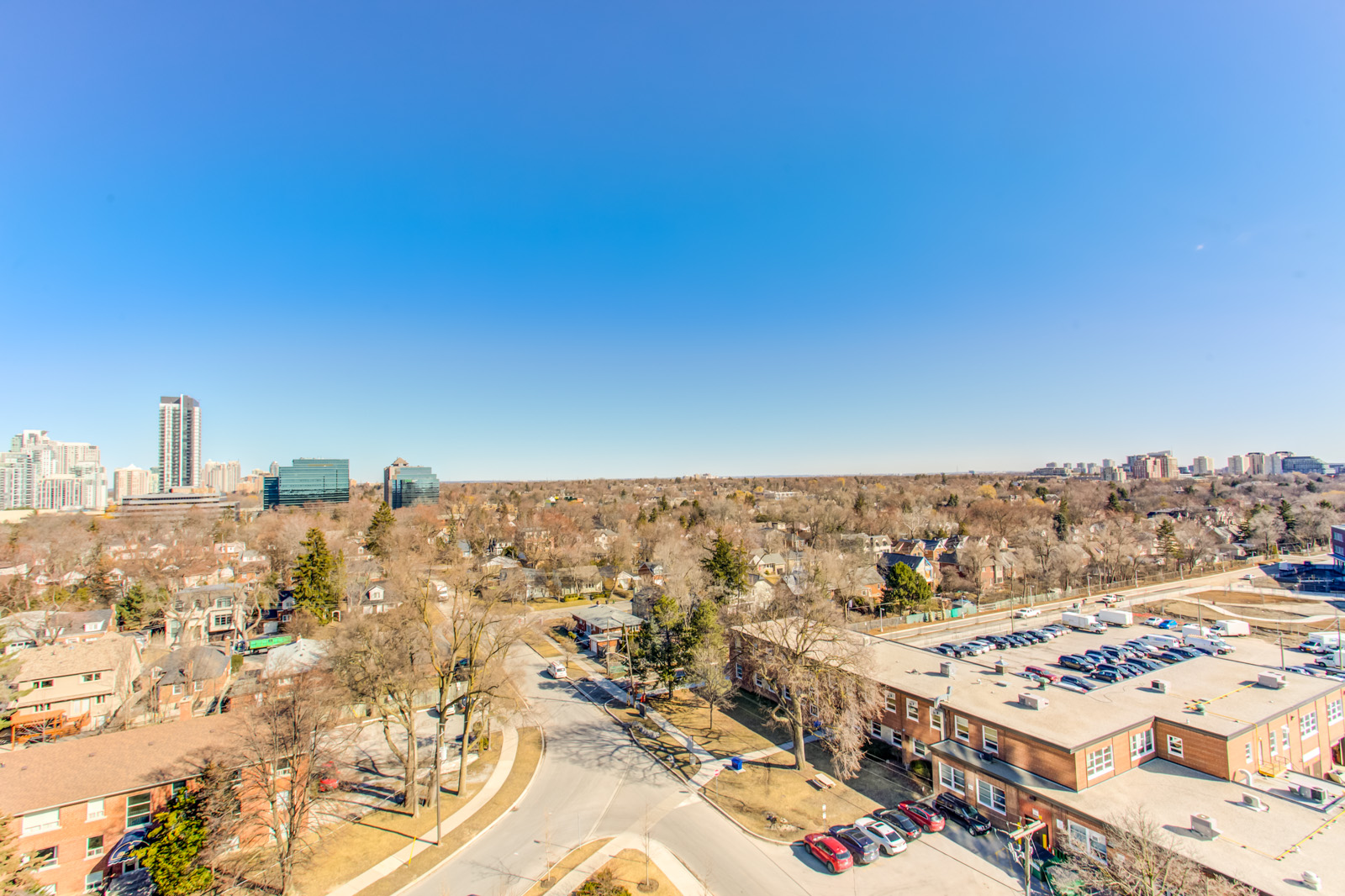 Aerial photo of Willowdale East neighborhood in North York, Toronto during sunny afternoon.