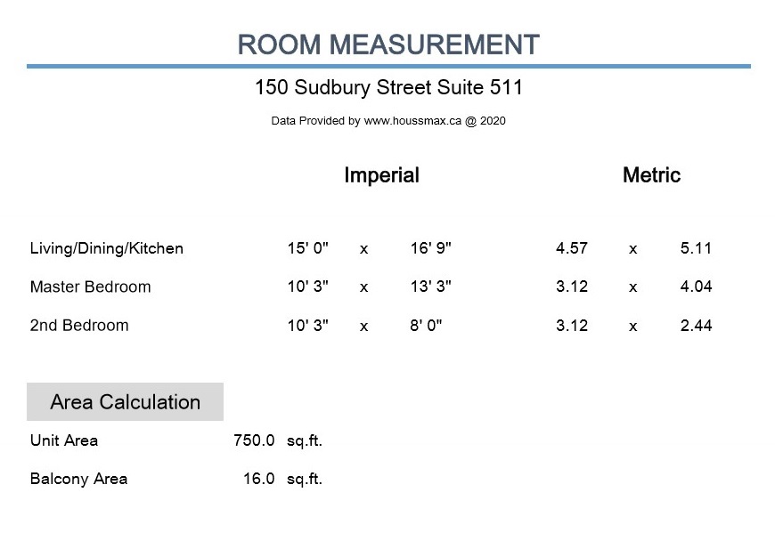 Measurements for 150 Sudbury St Unit 511.