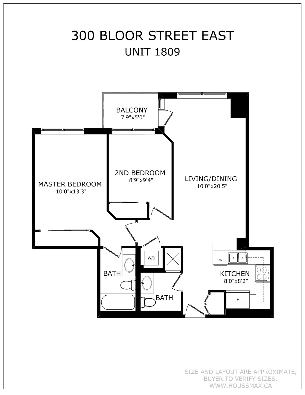 Floor plans and layout for 300 Bloor St E Unit 1809.