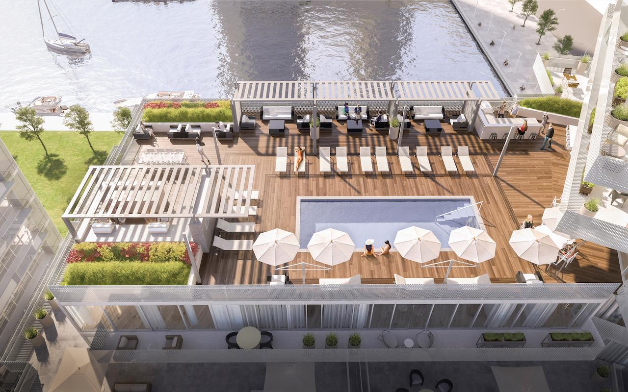 Pier 27 rooftop terrace render with pool, cabana and view of Toronto Waterfront.
