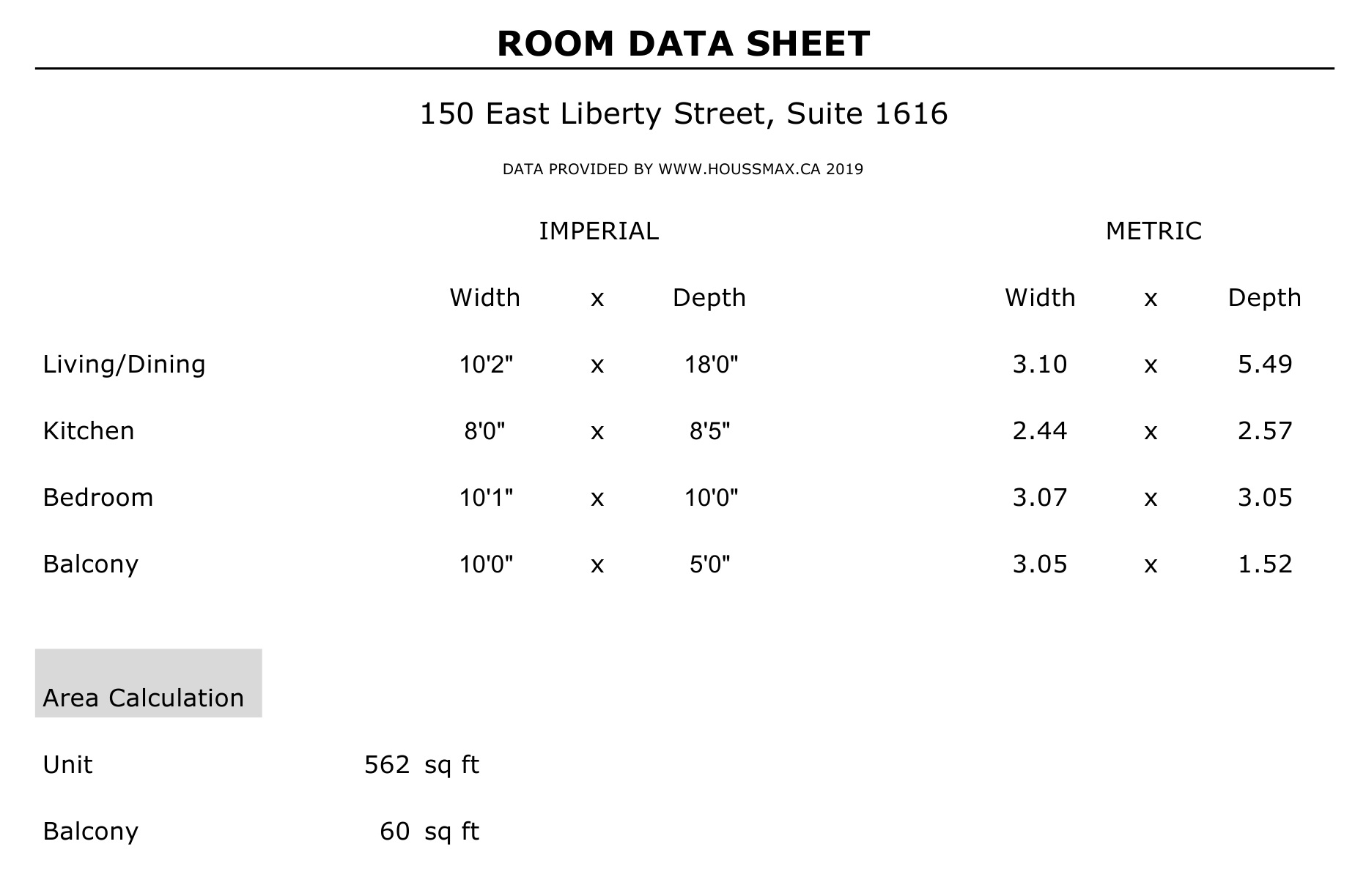 Measurements for 150 East Liberty St Unit 1616.