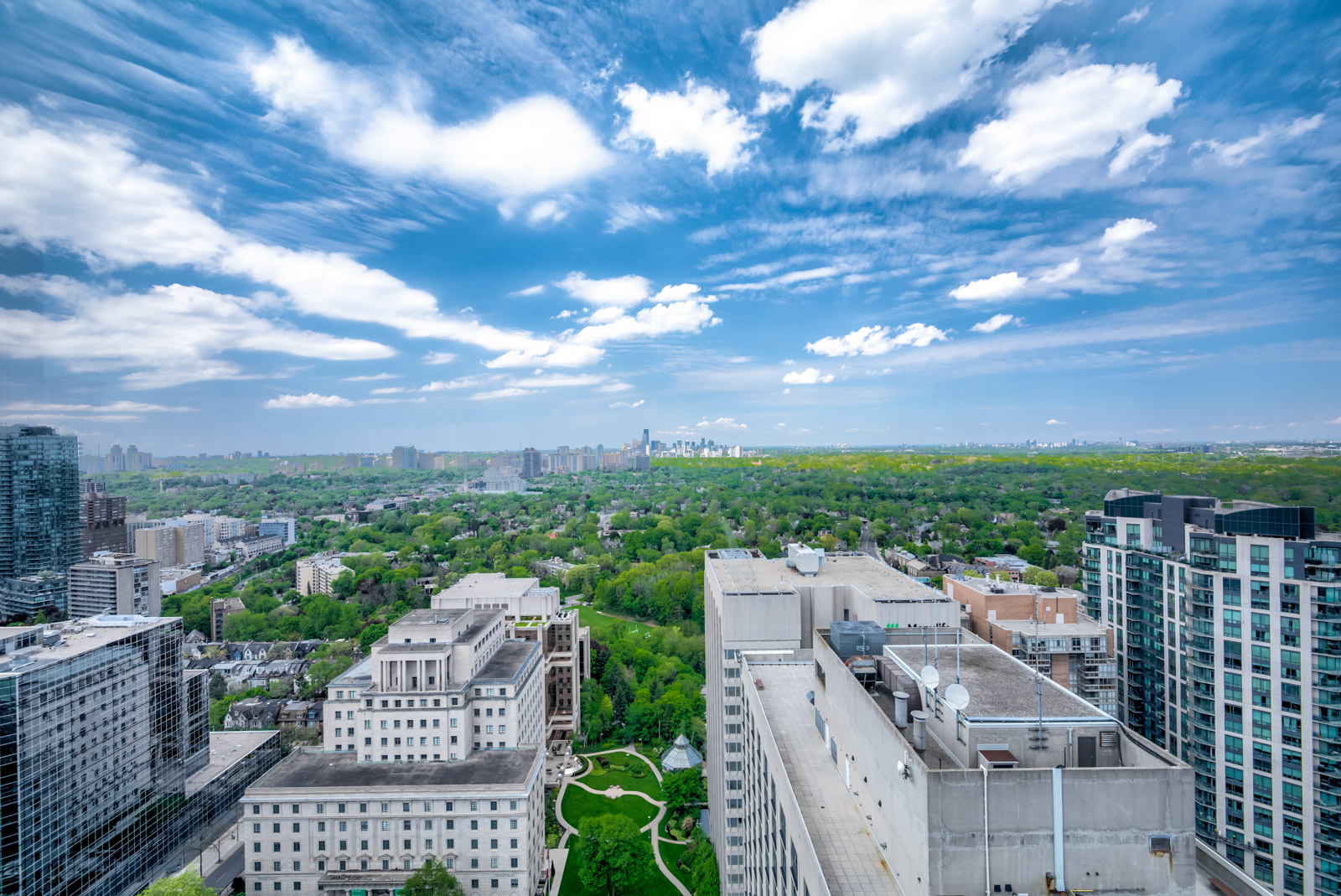 Balcony view of Rosedale Valley and Yorkville from 28 Ted Rogers Way Unit 3609.