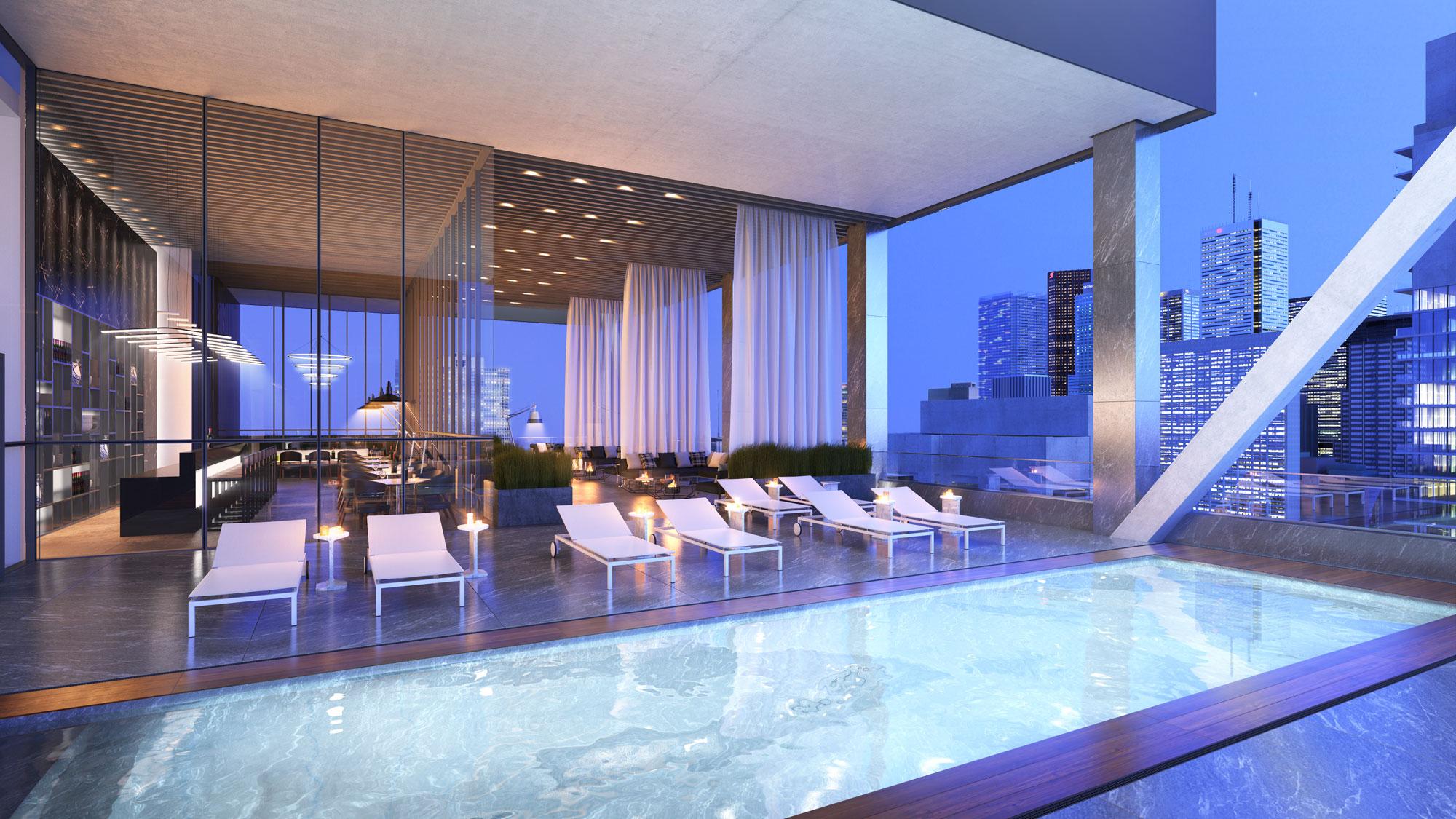 Rooftop swimming pool and lounge at United Condos on 481 University Avenue, Toronto.