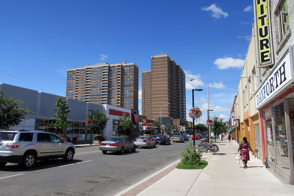 Extra wide sidewalks of Danforth Ave, Toronto.