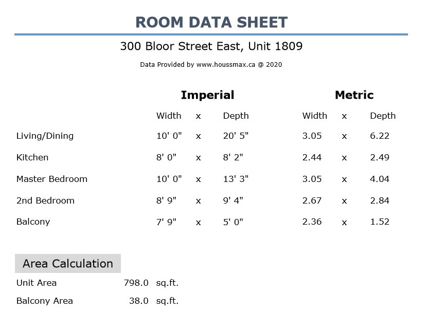 Interior and exterior room measurements for 300 Bloor St E Unit 1809.