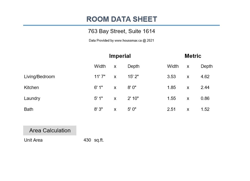 Room measurements for 763 Bay St Unit 1614.