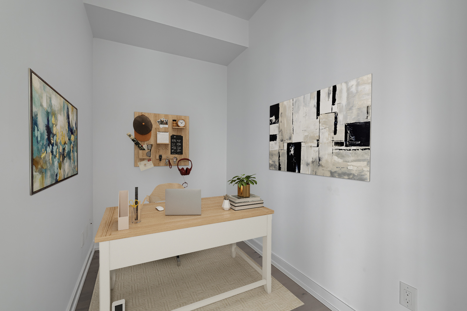 488 University Ave den with 3d-rendered desk and paintings.