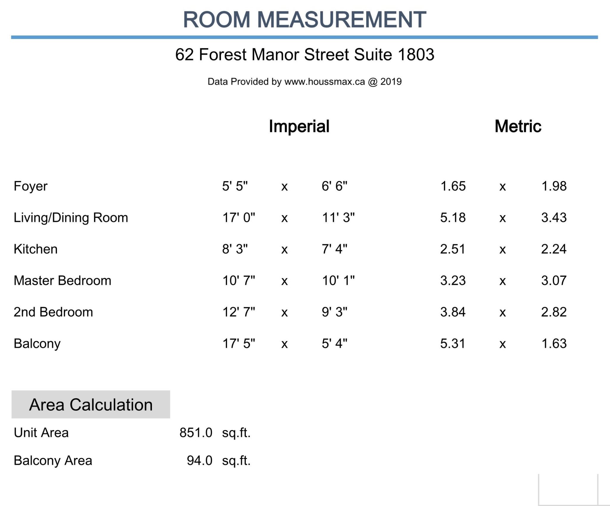 Measurements for 62 Forest Manor Rd Unit 1803, Toronto.