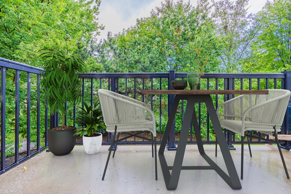 Balcony with 3D furniture and potted plants.