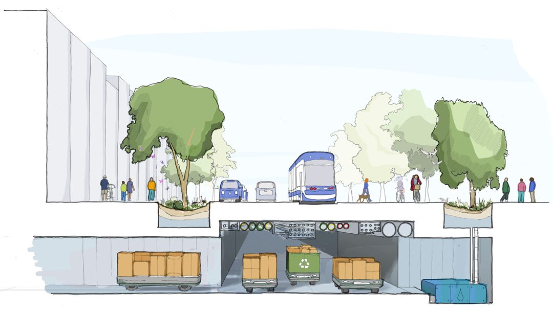 So here we have another drawing of Sidewalk Toronto at Quayside on the Toronto Waterfront. This one shows people and cars and buses on top, and garbage trucks and other vehicles below.