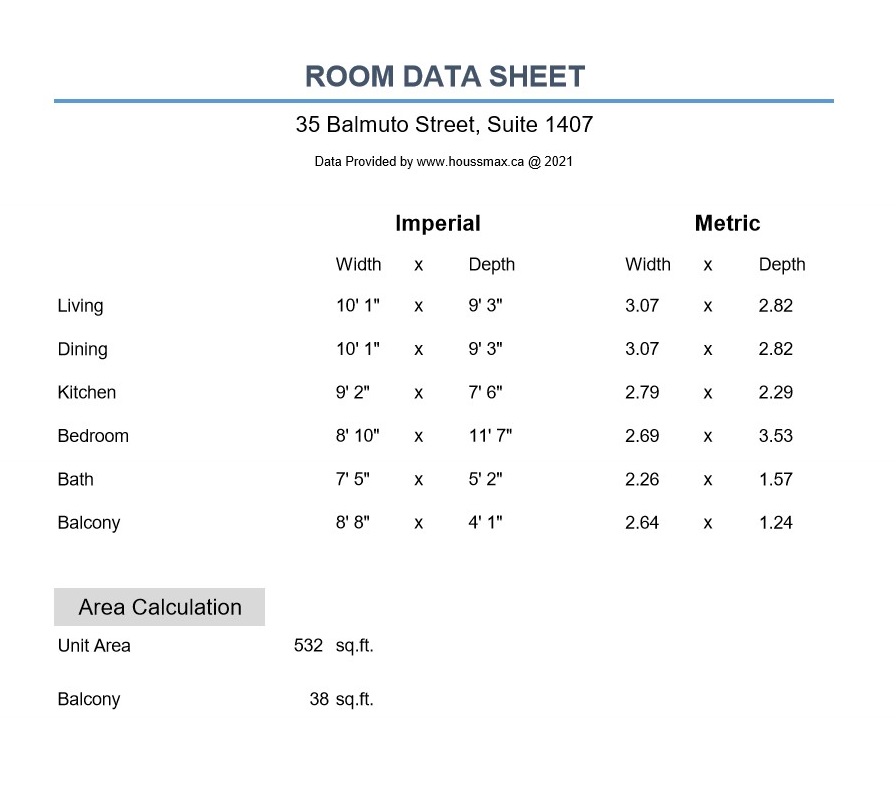 Room measurements for 35 Balmuto St Unit 1407.
