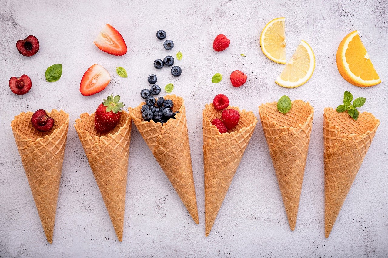 Ice cream cones with fruit at Trinity Bellwoods cafe.