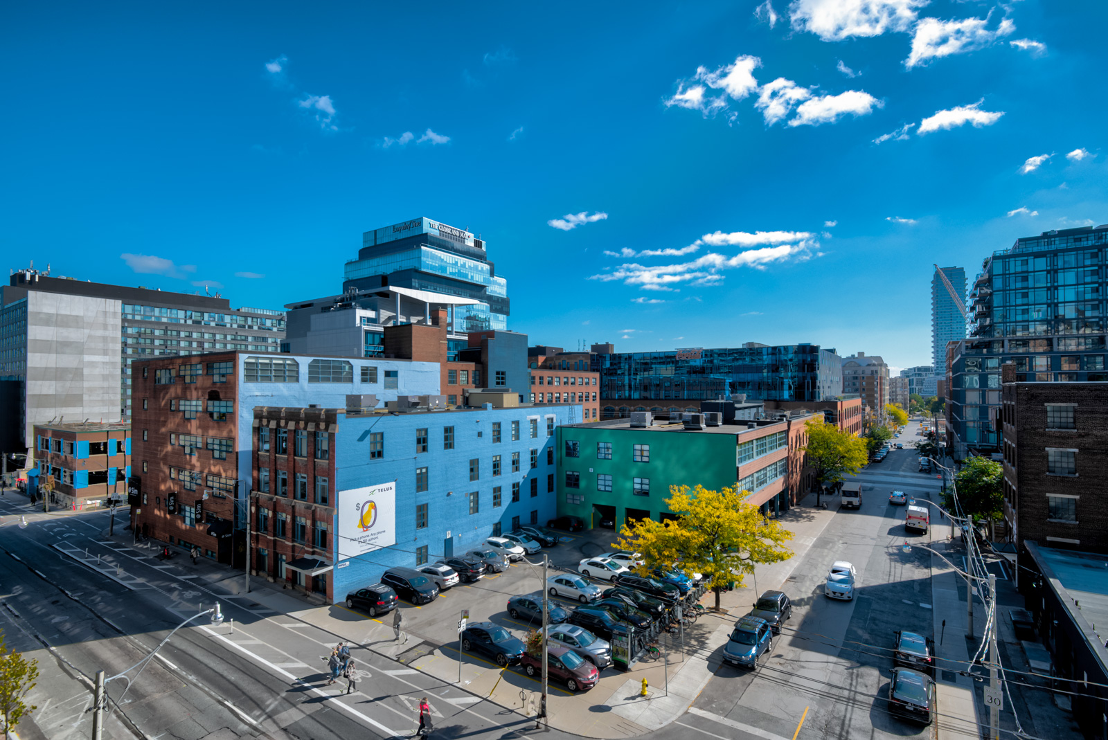 Globe and Mail and Coca Cola HQs in Sherbourne and Adelaide St E from Ivory condos in Moss Park, Toronto.