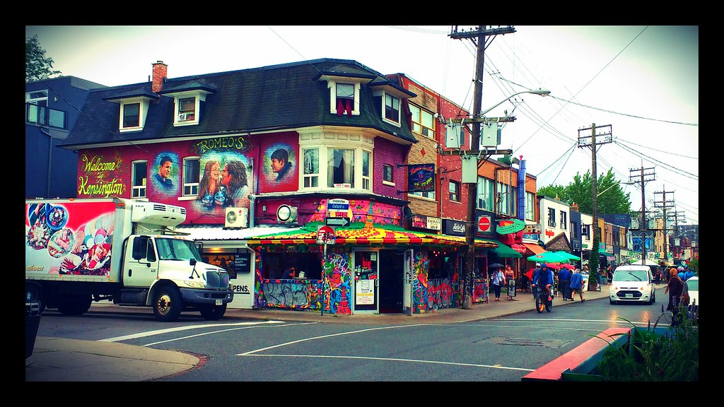 Streets, shops and graffiti along Kensington Market, Toronto.