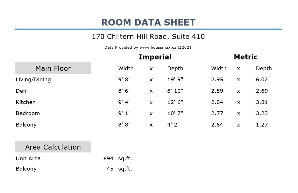 Room measurements for 170 Chiltern Hill Rd Suite 410.
