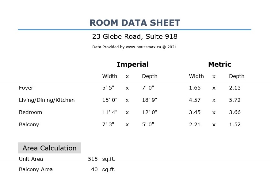 Room measurements for 23 Glebe Rd W Unit 918.
