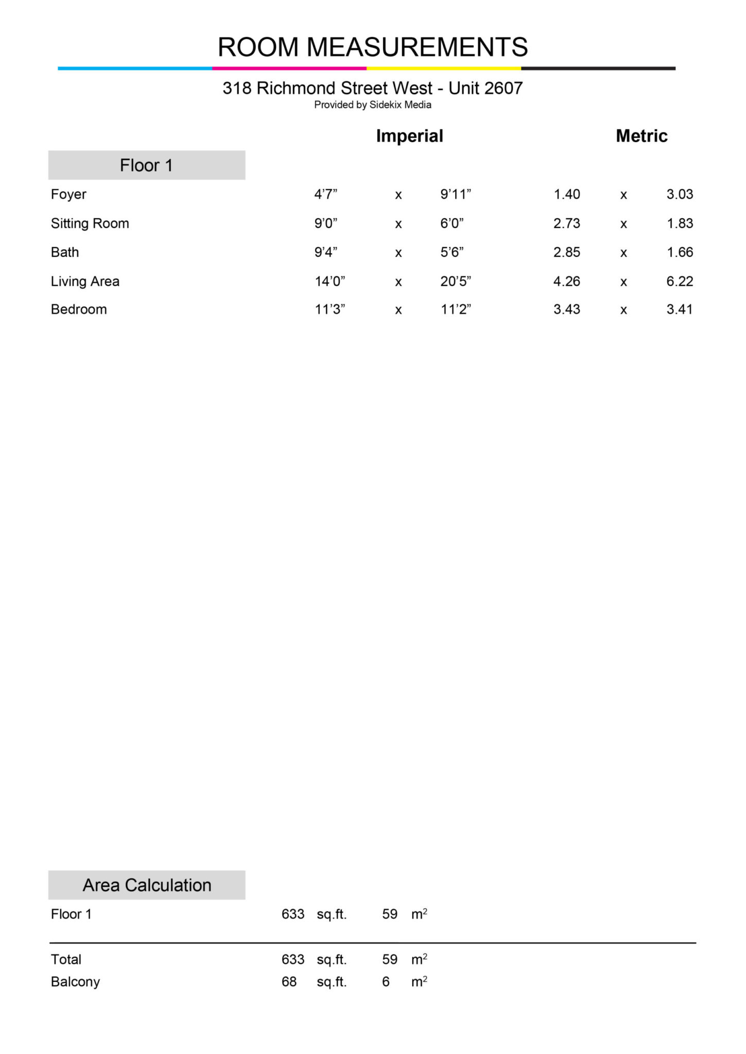 Condo measurements for 318 Richmond St W Unit 2607.