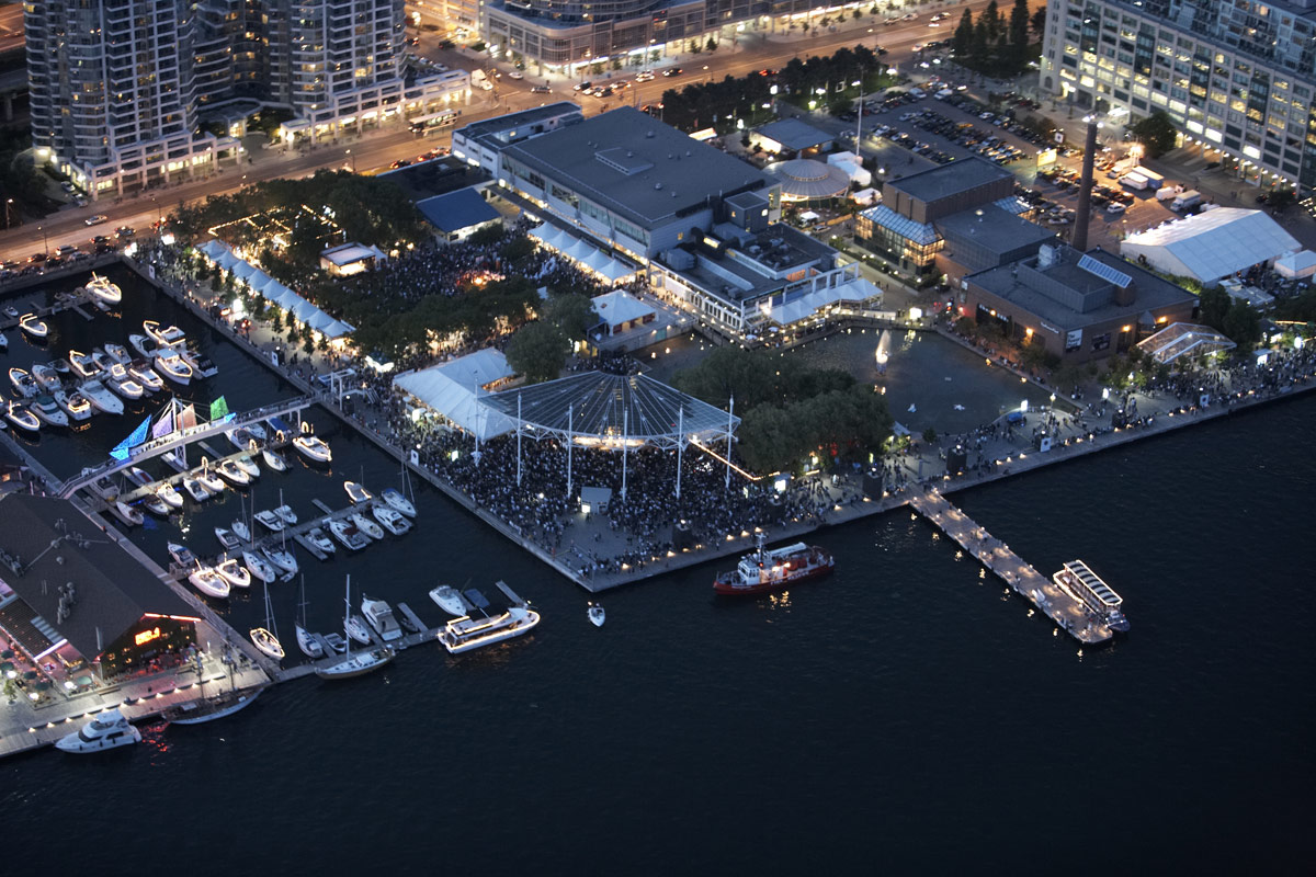 Aerial night view of Toronto harbourfront.